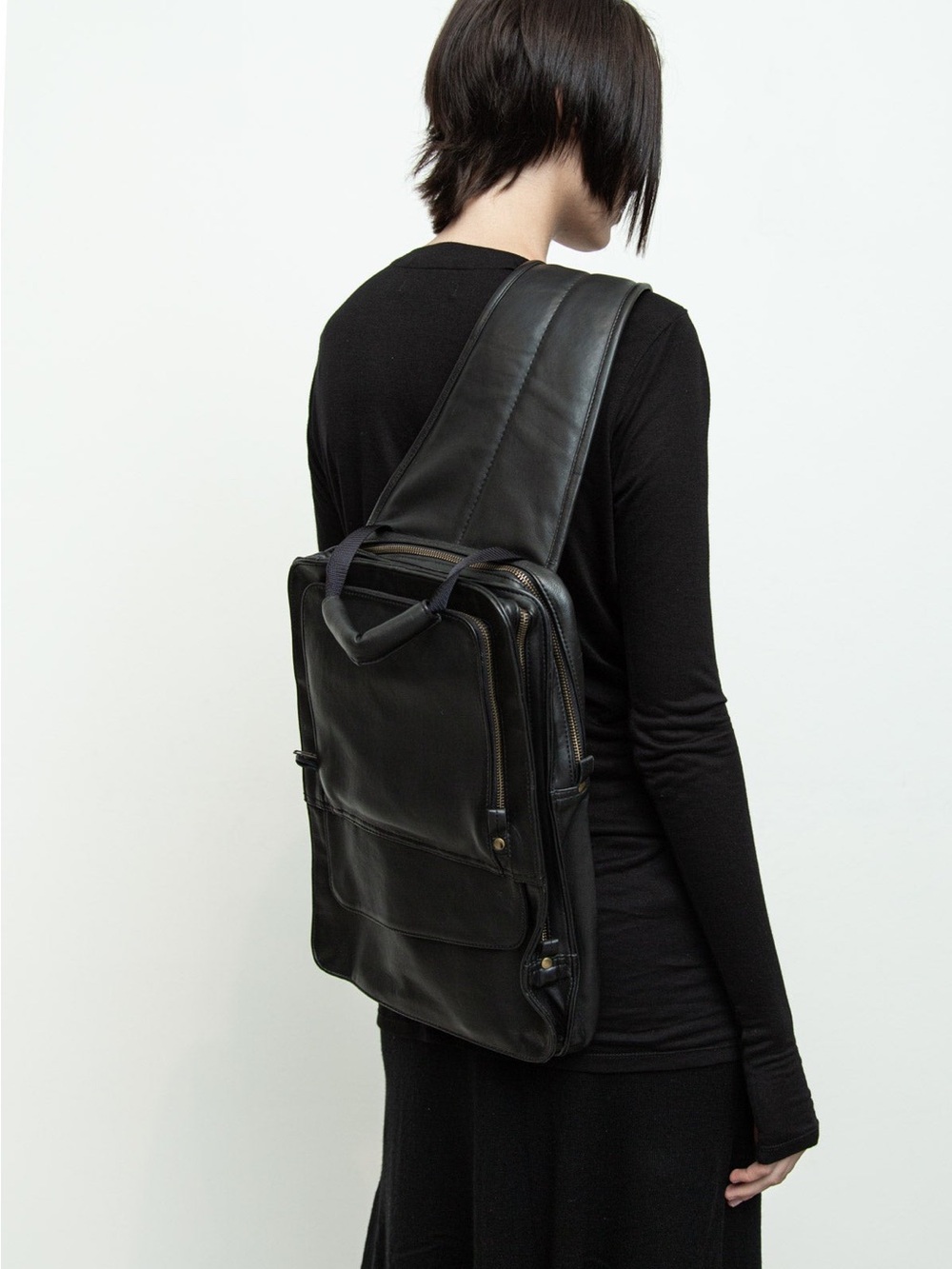 Nicholas K Black Leather Sling Pack One Strap Backpack Utilitarian Avant Garde